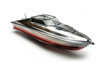 Poster - A silver and red boat on a white surface. Suitable for nautical and transportation concepts.