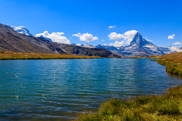 Poster - View of Stelli Lake (Stellisee) and Matterhorn mountain at summer in Zermatt, Swiss Alps, Switzerland