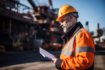 Construction Manager Inspecting Site - Construction manager in a hard hat and orange safety vest inspecting a construction site with machinery in the background. Ideal for themes of management, constr