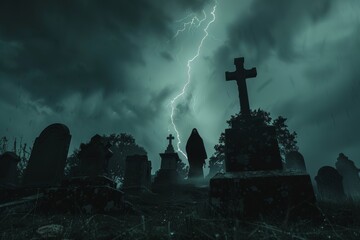 Silhouette of a sinister reaper in a cemetery