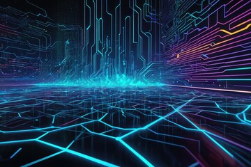 Wall Mural - Abstract digital background illustrating technological processes, synapse-like neural networks, and AI circuits, resembling digital storages with intertwined sound and graphic waveforms