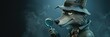 Detective wolf with magnifying glass in fog, concept of mystery and investigation, evoking themes of sleuthing and crime solving