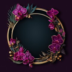 Wall Mural - Round golden frame with tropical leaves and purple orchid flowers on black background. Minimal exotic fashion concept. Summer holidays and vacation. Design for card, banner, poster with copy space