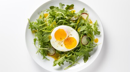 Wall Mural - Picture showcasing SUNNY SIDE UP FARM EGG paired with a MIXED GREEN SALAD, dressed with LEMON VINAIGRETTE, presented on a white round plate against a white background, photographed from above