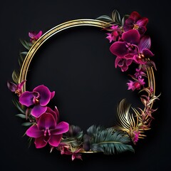 Wall Mural - Round golden frame with tropical leaves and purple orchid flowers on black background. Minimal exotic fashion concept. Summer holidays and vacation. Design for card, banner, poster with copy space