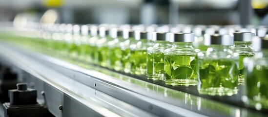 Poster - A factory conveyor belt transports glass bottles filled with green liquid, resembling a terrestrial plant extract or oil drink in a building