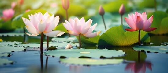 Canvas Print - A cluster of pink lotus flowers, aquatic plants with delicate petals, thrive in a serene pond, creating a beautiful natural landscape