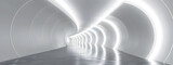 Fototapeta Perspektywa 3d - Empty 3D room with a white background, featuring a futuristic technology tunnel stage floor. Abstract space corridor with a silver road element creates a captivating and modern interior scene.