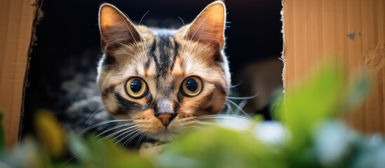 Wall Mural - A Felidae, carnivore, small to mediumsized cat is peeking out of a cardboard box with whiskers and fur, showing its snout. This terrestrial animal is curious about its surroundings