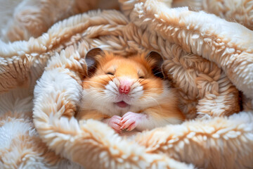 Wall Mural - a contented hamster snuggled up in a fluffy nest of bedding, its tiny paws tucked under its chin as it dozes peacefully