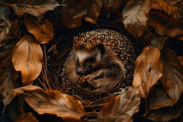 Wall Mural - a contented hedgehog curled up in a cozy nest of leaves, snuffling softly as it dozes peacefully