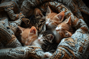 Wall Mural - a group of playful kittens cuddled up together, purring softly as they nap in a cozy pile of blankets