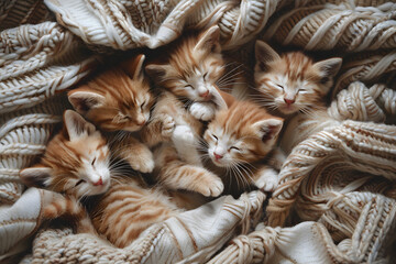 Wall Mural - a group of playful kittens cuddled up together, purring softly as they nap in a cozy pile of blankets