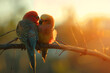  a pair of lovebirds building a nest together, gathering twigs and feathers to create a cozy home for their future chicks