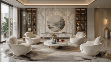 Wall Mural - A living room with a large marble table and chairs, AI