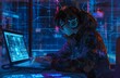 Abstrakte Kunst, Junge Frau sitzt bei Nacht an ihrem Laptop, Programmiererin mit Kopfhörern