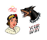 Fototapeta Dinusie - Old school Tattoo set. Woman and doberman dog in rock style. Engraved hand drawn vintage retro sketch for notebook or logo or t-shirts.