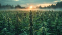 Cannabis Or Marijuana Outdoors Plantation Growing On The Mountains. Wide Angle