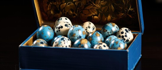 Poster - A still life photography of a blue box filled with blue and white eggs, showcasing the natural materials and vibrant electric blue colors. Perfect for a foodthemed event