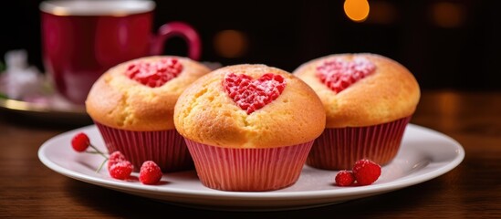 Wall Mural - Three heartthemed cupcakes are displayed on a plate, perfect for a sweet dessert or finger food. The cupcakes are made with love using various ingredients and baked to perfection