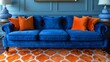 A blue couch with orange pillows and a lamp on top of it, AI