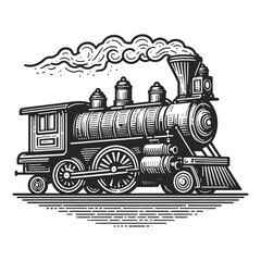 Steam locomotive train in steampunk style sketch engraving generative ai vector illustration. Scratch board imitation. Black and white image.