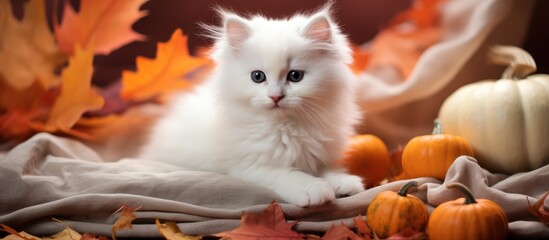 Sticker - A small Felidae carnivore, the white kitten, with whiskers and fur, peacefully rests on a blanket amidst pumpkins and leaves. A cute snapshot of natural foods event