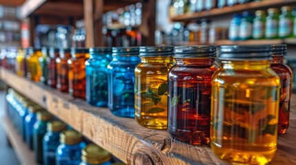 Wall Mural - A row of jars filled with different colored liquids on a shelf, AI