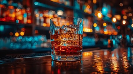 Sticker - A glass of alcohol sits on a bar with ice cubes, AI