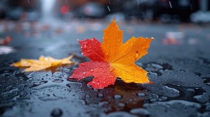 Canvas Print - A red and yellow leaf sitting on a wet street with rain drops, AI