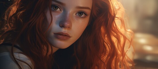 Wall Mural - A closeup of a woman with red hair revealing intricate layers in her hair, fluttering eyelashes, a defined jawline, and piercing eyes staring into the camera