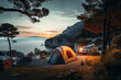 Camp by the sea and in the mountains. Cozy tent in nature. Hippie lifestyle. Generative AI tools