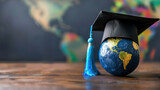Fototapeta  - Graduation cap with Earth globe. Concept of global business study, abroad educational, Back to School. Education in Global world, Study abroad business in universities in worldwide. Generative AI