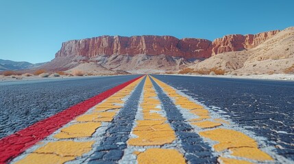 Poster - A road with a yellow stripe and red line in the middle, AI