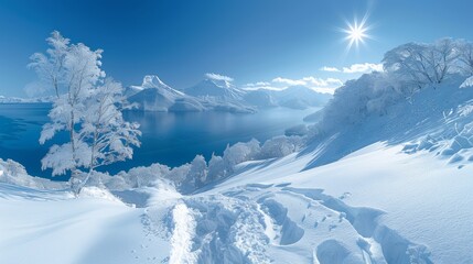 A view of a snow covered mountain with trees and water, AI