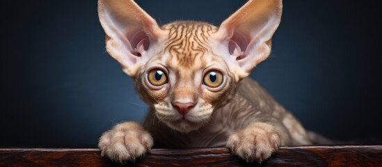 Poster - A hairless Felidae carnivore cat with fawn skin peeking over a wooden fence, showing whiskers and snout, a terrestrial animal in wildlife event