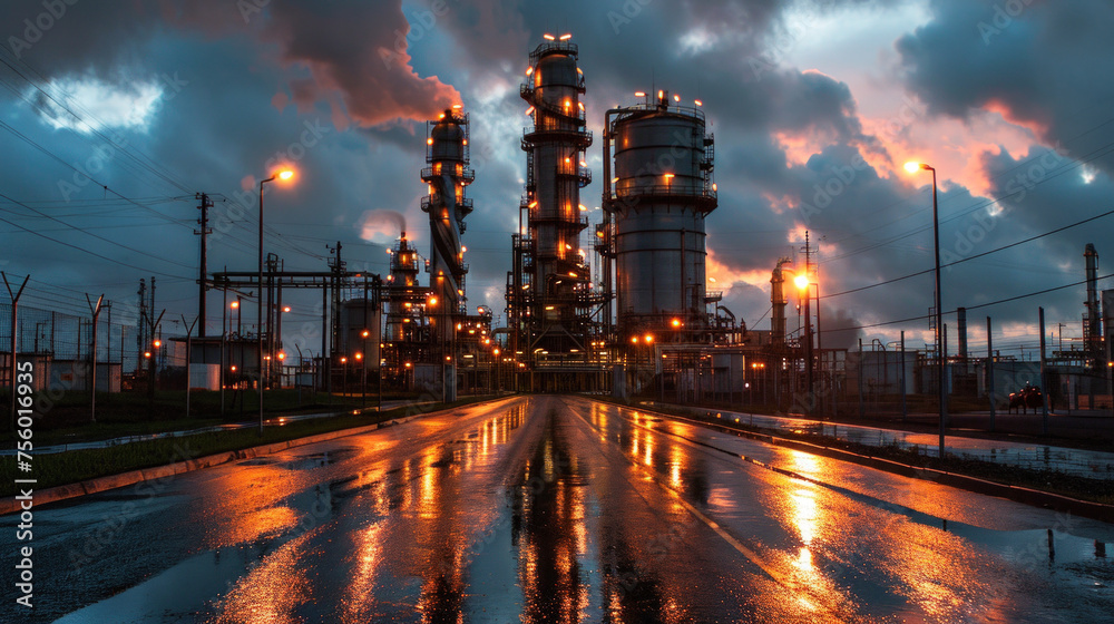 Oil and gas refinery plant or petrochemical industry, road to factory ...