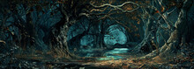 Panoramic View Of Scary Dark Forest At Night, Magical Spooky Woods With Path And Blue Light. Gloomy Landscape In Fairy Tale World. Concept Of Fantasy, Nature, Horror, Banner