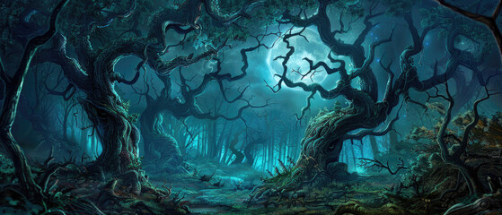 panoramic view of scary dark forest at night, magical spooky woods with crooked trees and moon. gloo