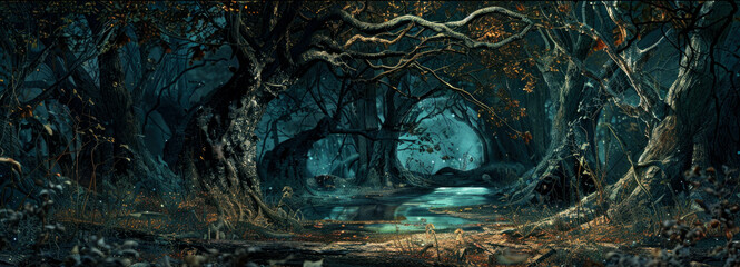 panoramic view of scary dark forest at night, magical spooky woods with path and blue light. gloomy 
