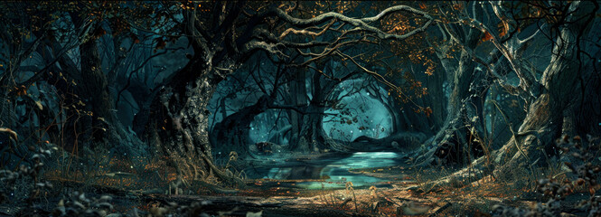 Wall Mural - Panoramic view of scary dark forest at night, magical spooky woods with path and blue light. Gloomy landscape in fairy tale world. Concept of fantasy, nature, horror, banner