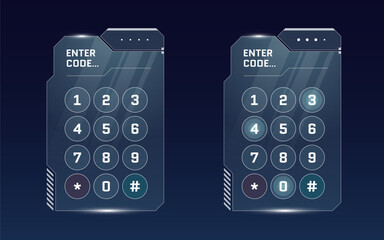 HUD digital futuristic user interface PIN code entry panel set. Sci Fi high tech protection glow screen GUI or FUI concept. Game menu authorization numeric password keypad. Unlock keyboard dashboard