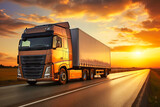 Fototapeta Przestrzenne - European truck vehicle on motorway with dramatic sunset
