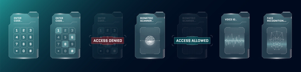 Poster - HUD biometric id set. Digital user recognition GUI or FUI interface. Person security verification PIN code entry panel. Human identity scanner and number touching dashboard. Vector protection screen