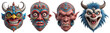 Step into the realm of nightmares as you confront four multicolored angry monster heads, their sinister horns and glistening fangs bared in wicked grins, isolated on transparent background