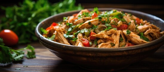 Wall Mural - A delicious dish of chicken and vegetables served in a bowl on a rustic wooden table, showcasing a wholesome recipe using fresh produce and cookware