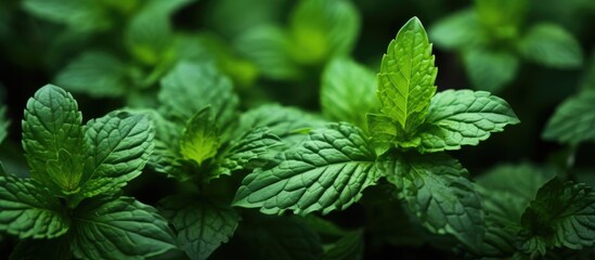 Wall Mural - A closeup of mint leaves on a terrestrial plant, a type of flowering plant often used in cooking as fines herbes. Mint is a fragrant herb that belongs to the genus Mentha