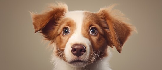 Poster - A canine from the Sporting Group, this fawncolored puppy with white markings gazes at the camera, showcasing its adorable ears, whiskers, and snout