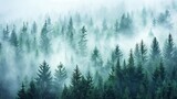 Fototapeta Las - A misty landscape featuring a fir forest, presented in a hipster vintage retro style.