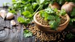 Coriander leaves and seeds are used to add freshness and a characteristic flavor to dishes from various cultures generative ai